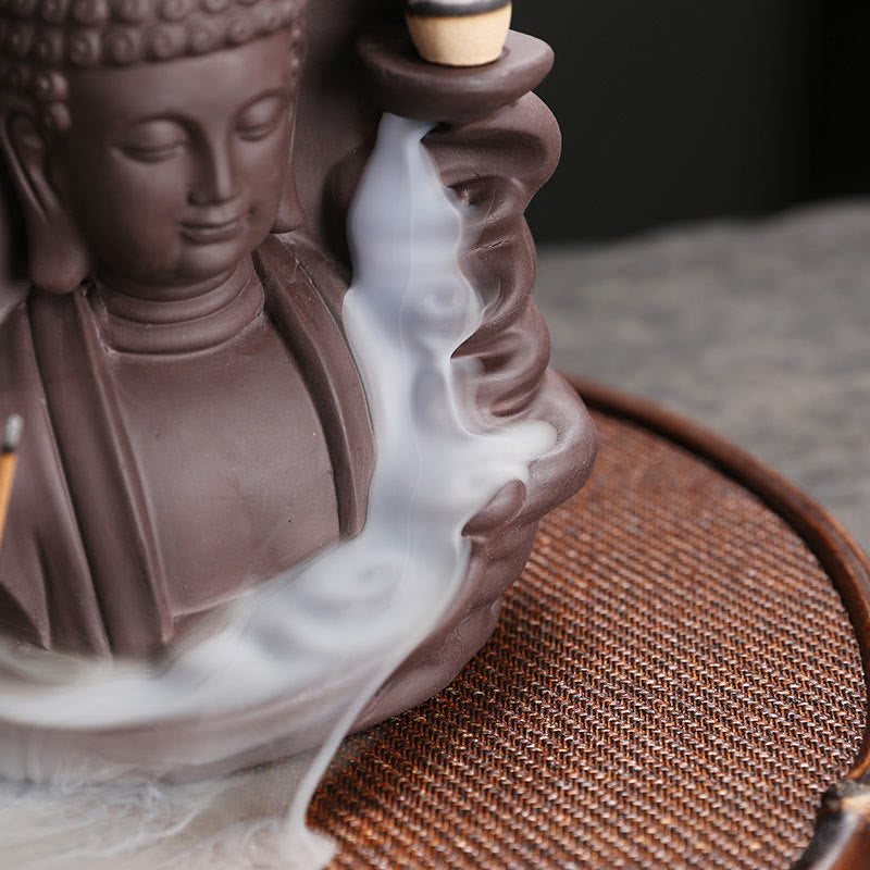 Rückfluss-Räuchergefäß aus violettem Ton mit Buddha-Motiv, Lotus-Design