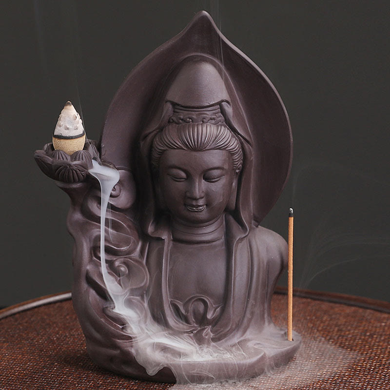 Rückfluss-Räuchergefäß aus violettem Ton mit Buddha-Motiv, Lotus-Design