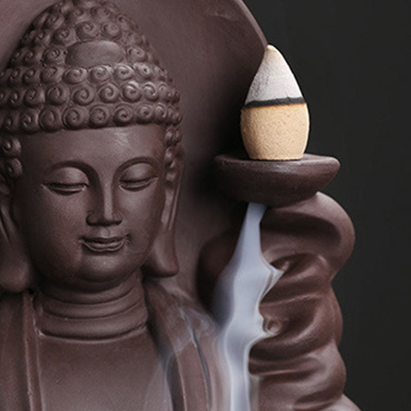 Rückfluss-Räuchergefäß aus violettem Ton mit Buddha-Motiv, Lotus-Design