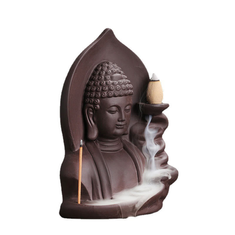 Rückfluss-Räuchergefäß aus violettem Ton mit Buddha-Motiv, Lotus-Design