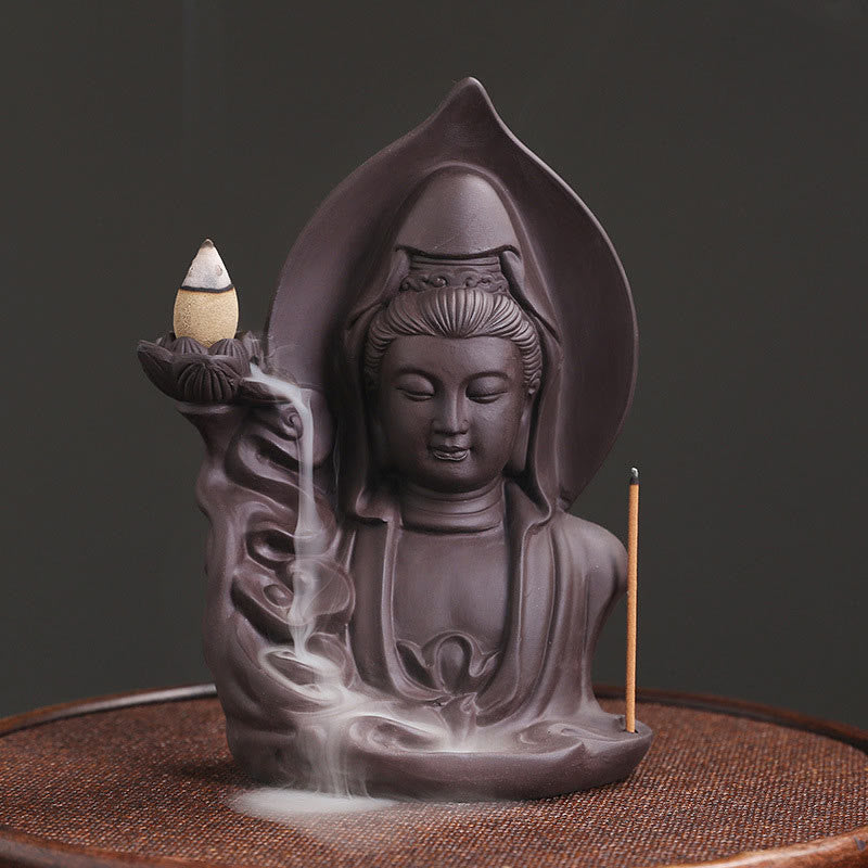 Rückfluss-Räuchergefäß aus violettem Ton mit Buddha-Motiv, Lotus-Design