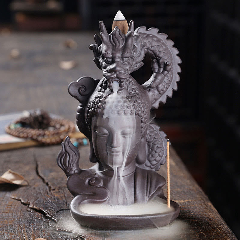 Räuchergefäß Buddha Drache aus lila Ton, 10,5 cm, Meditation