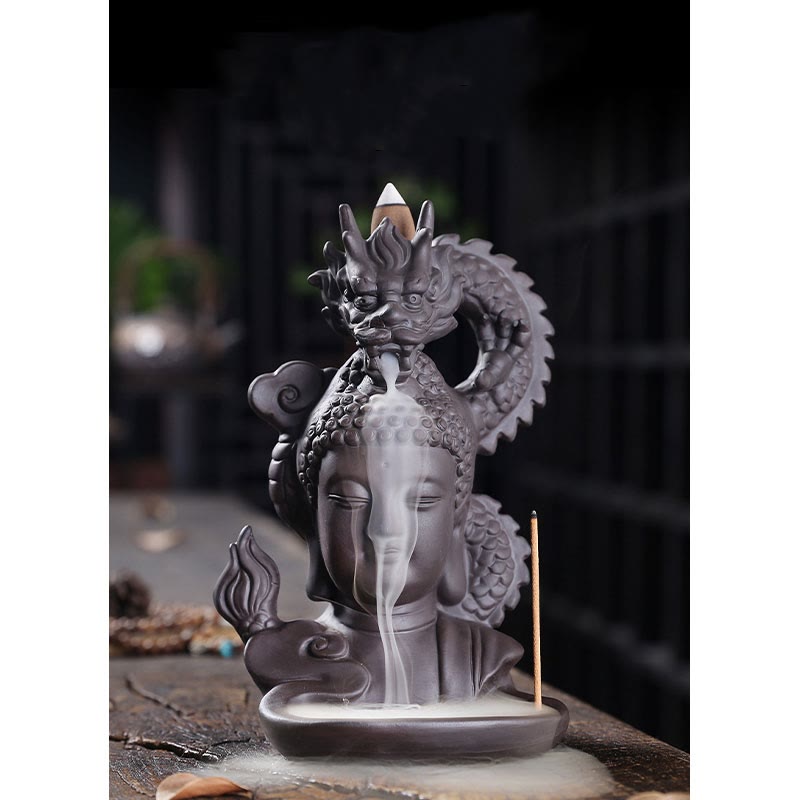 Räuchergefäß Buddha Drache aus lila Ton, 10,5 cm, Meditation