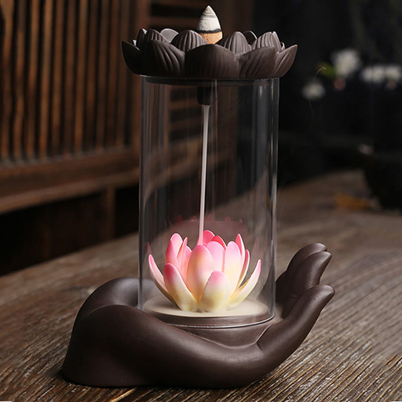 Lila Ton Buddha Hand Lotus Erleuchtung LED Licht Weihrauch Brenner