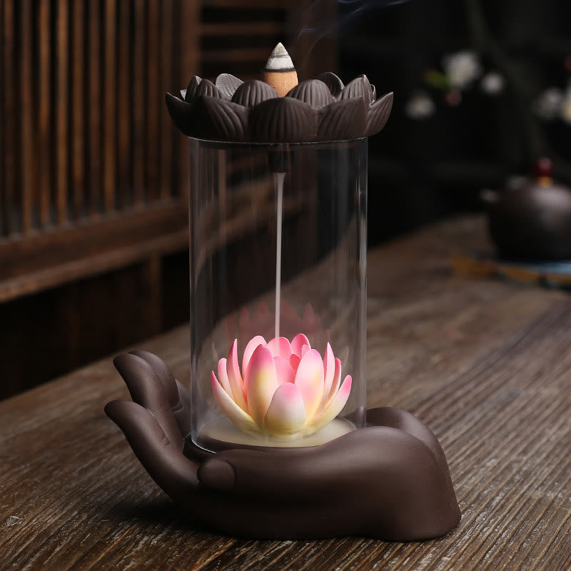 Lila Ton Buddha Hand Lotus Erleuchtung LED Licht Weihrauch Brenner