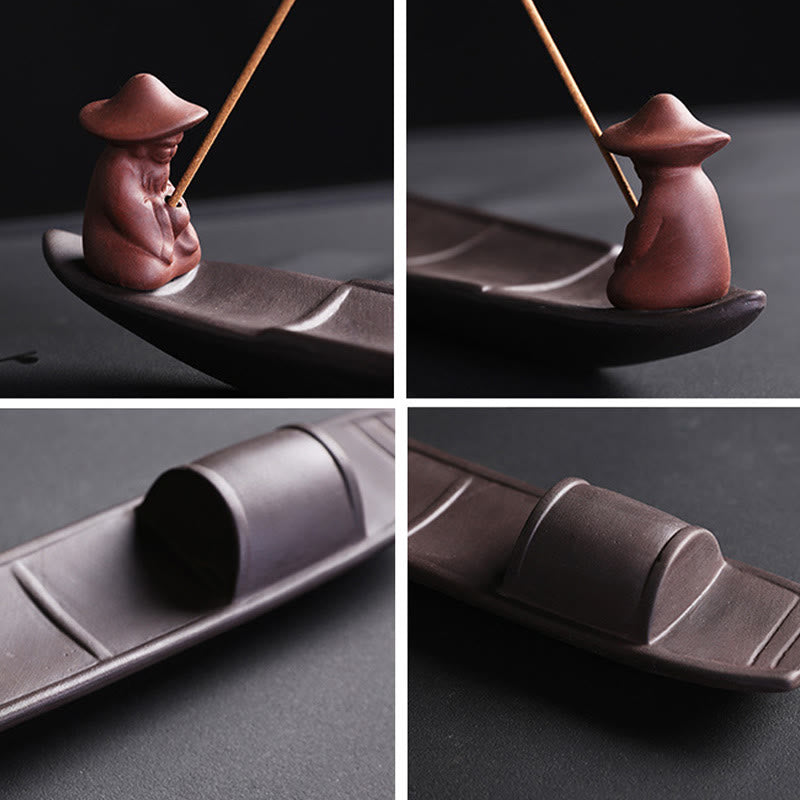 Räuchergefäß aus lila Ton in Form eines Fischerboots für Frieden und Heilung