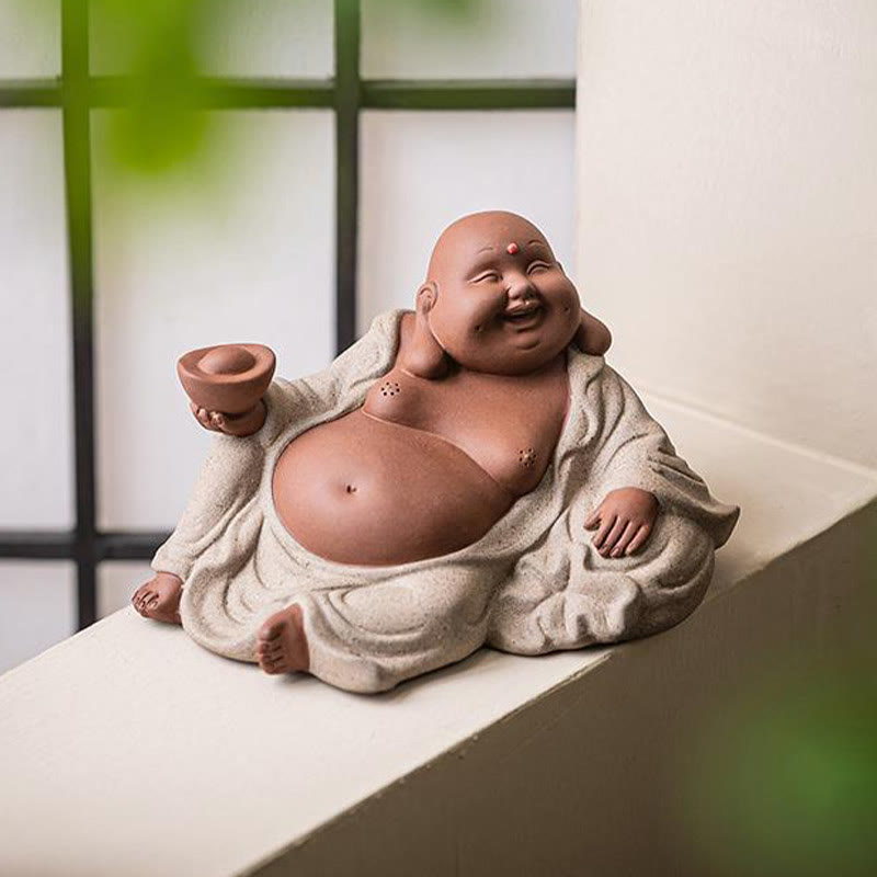 Lachende Buddha-Statue aus violettem Ton, 13,5 cm, für Reichtum und Freude