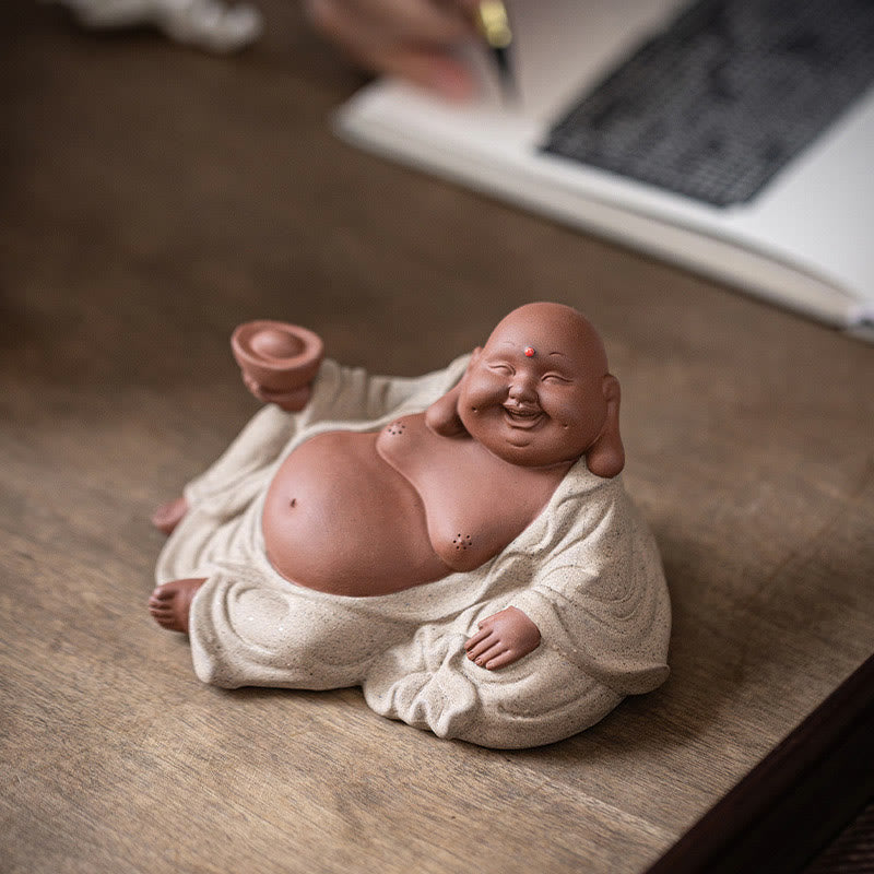 Lachende Buddha-Statue aus violettem Ton, 13,5 cm, für Reichtum und Freude