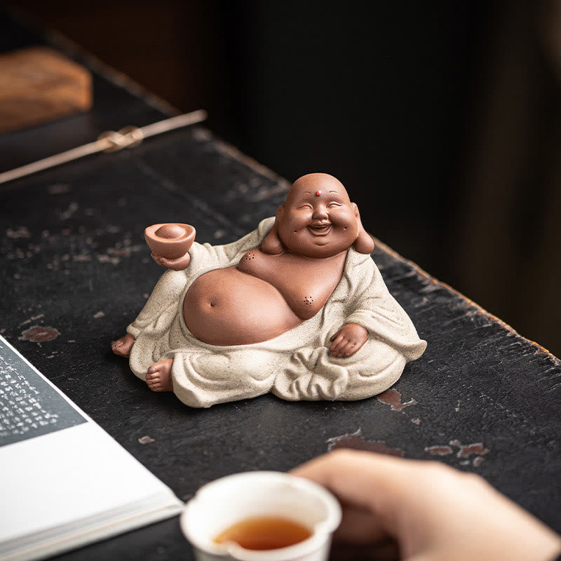 Lachende Buddha-Statue aus violettem Ton, 13,5 cm, für Reichtum und Freude