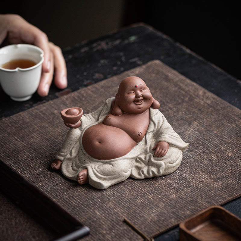 Lachende Buddha-Statue aus violettem Ton, 13,5 cm, für Reichtum und Freude