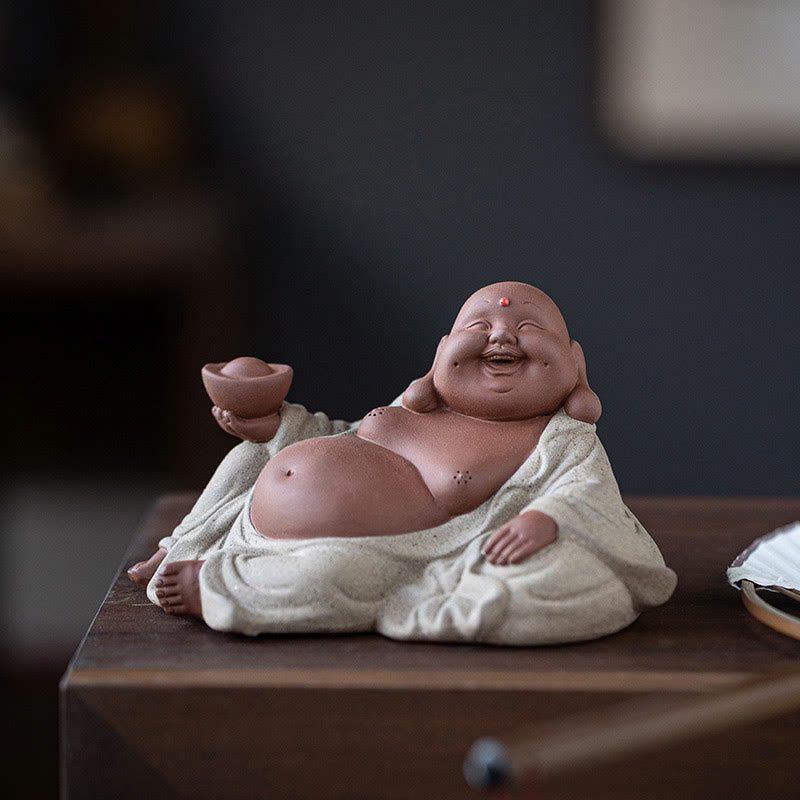 Lachende Buddha-Statue aus violettem Ton, 13,5 cm, für Reichtum und Freude