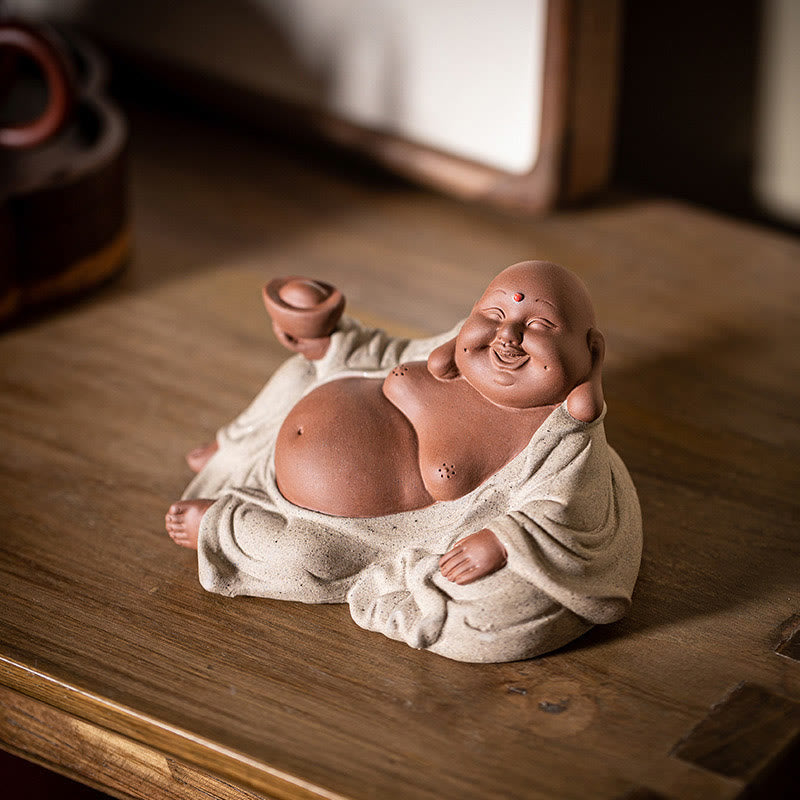 Lachende Buddha-Statue aus violettem Ton, 13,5 cm, für Reichtum und Freude