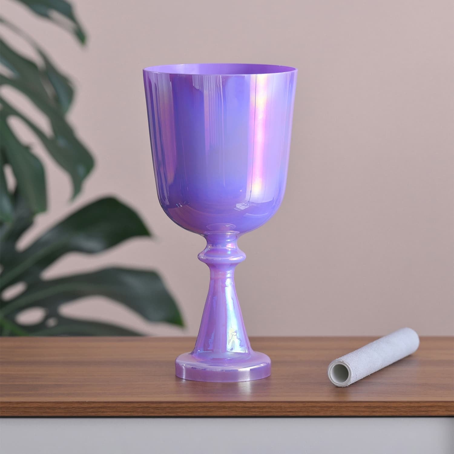 Iridescent purple goblet with decorative stem for sound healing and meditation