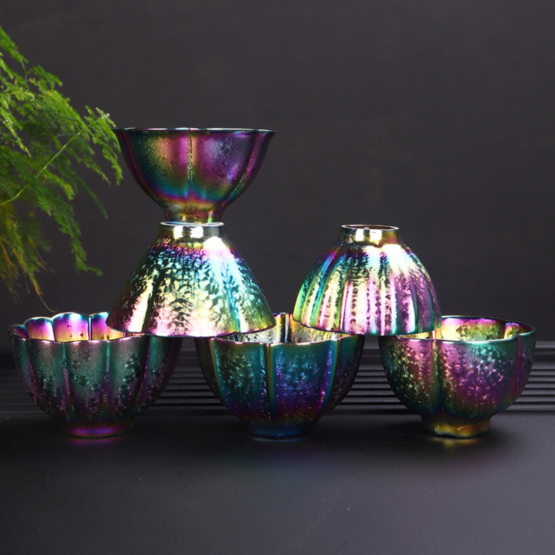 Regenbogenfarbene Jianzhan-Teetasse aus Keramik mit Zen-Dekor