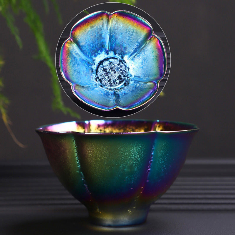 Regenbogenfarbene Jianzhan-Teetasse aus Keramik mit Zen-Dekor