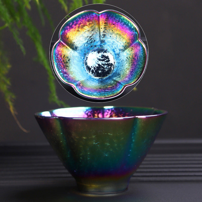 Regenbogenfarbene Jianzhan-Teetasse aus Keramik mit Zen-Dekor