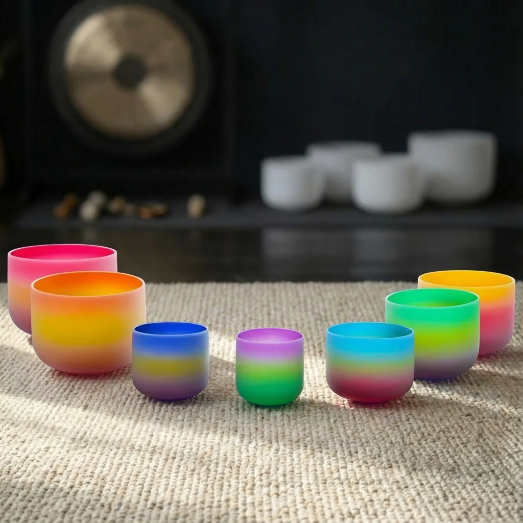 Regenbogen-Klangschalen-Set aus mattiertem Quarzkristall – 7-teilig, 6–14