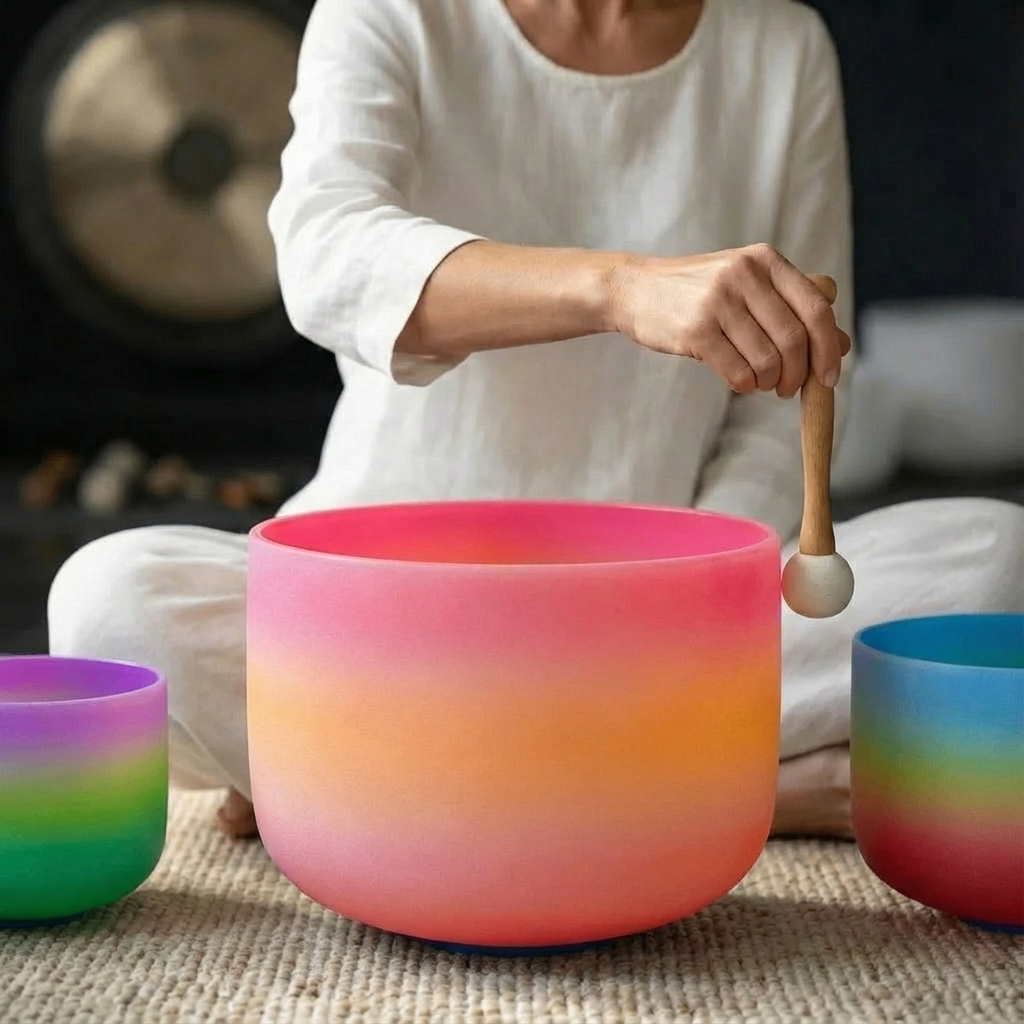 Regenbogen-Klangschalen-Set aus mattiertem Quarzkristall – 7-teilig, 6–14