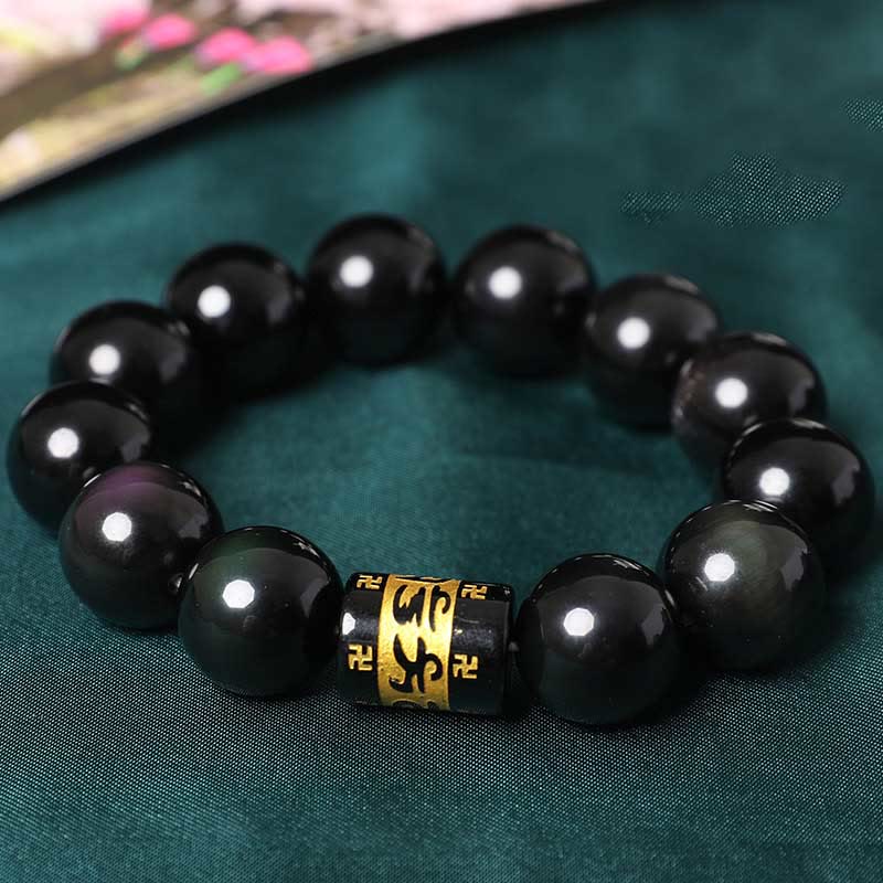 Regenbogen-Obsidian-Armband „Om Mani Padme Hum“ mit Hakenkreuz, 14 mm