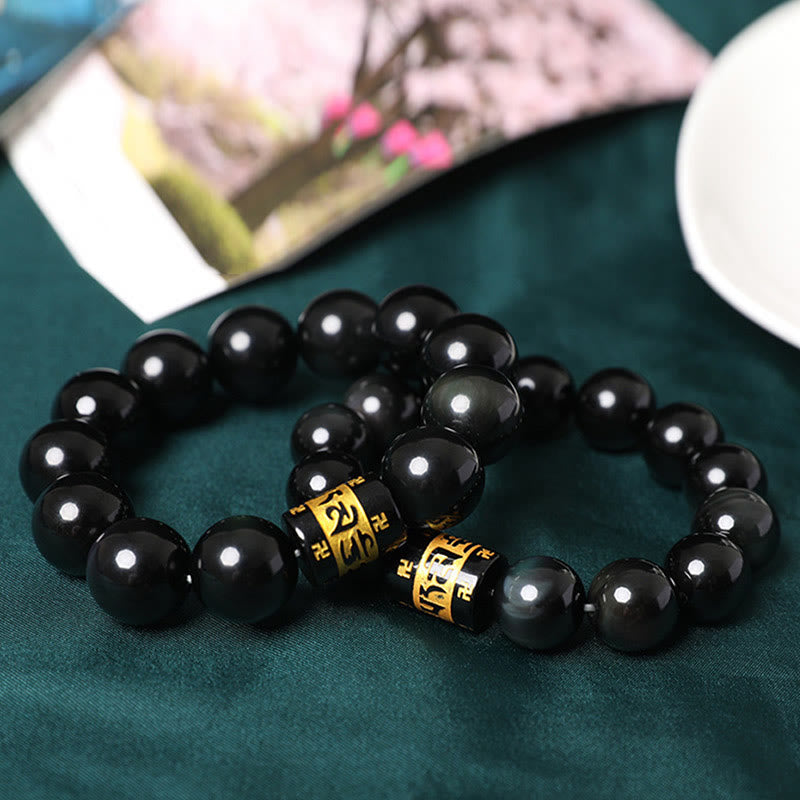 Regenbogen-Obsidian-Armband „Om Mani Padme Hum“ mit Hakenkreuz, 14 mm