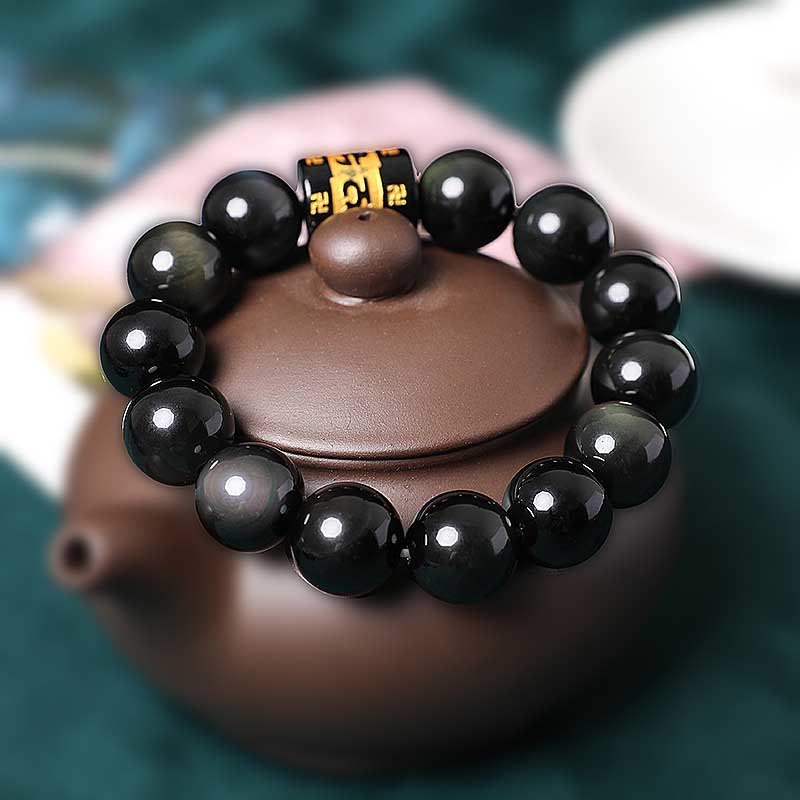 Regenbogen-Obsidian-Armband „Om Mani Padme Hum“ mit Hakenkreuz, 14 mm