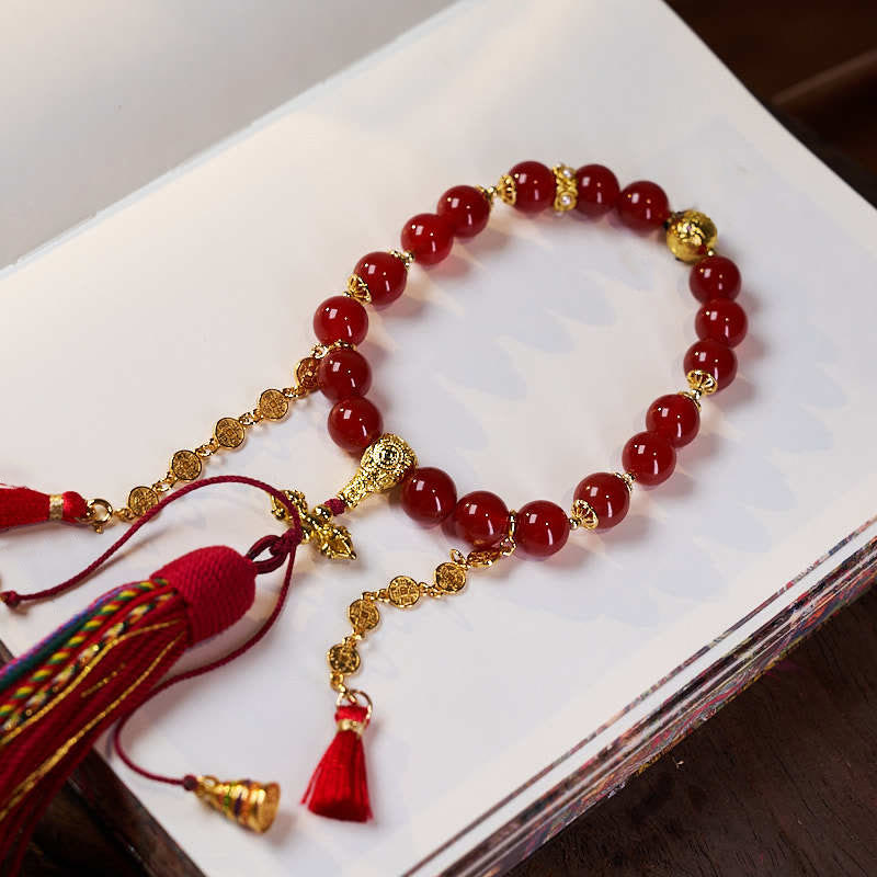 Roter Achat, 18 Perlen, Kupfermünzen, Handgelenk-Mala für Ruhe und Selbstvertrauen