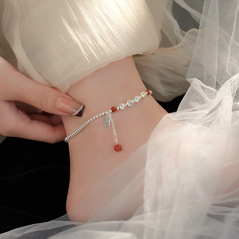 Roter Achat 6 mm &amp; Silber Peace Fußkettchen