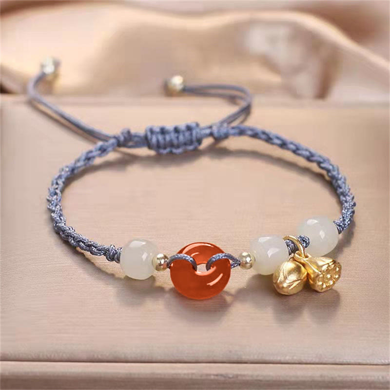 Geflochtenes Armband mit Peace-Schnalle aus rotem Achat und Jade, 14–18 cm
