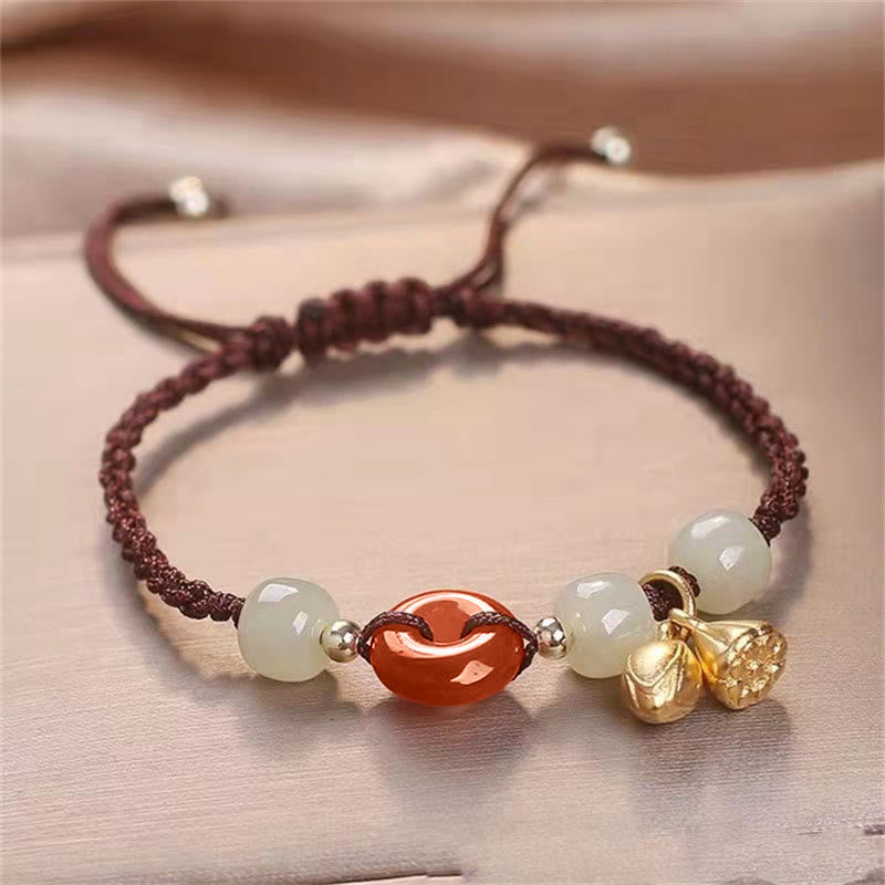 Geflochtenes Armband mit Peace-Schnalle aus rotem Achat und Jade, 14–18 cm
