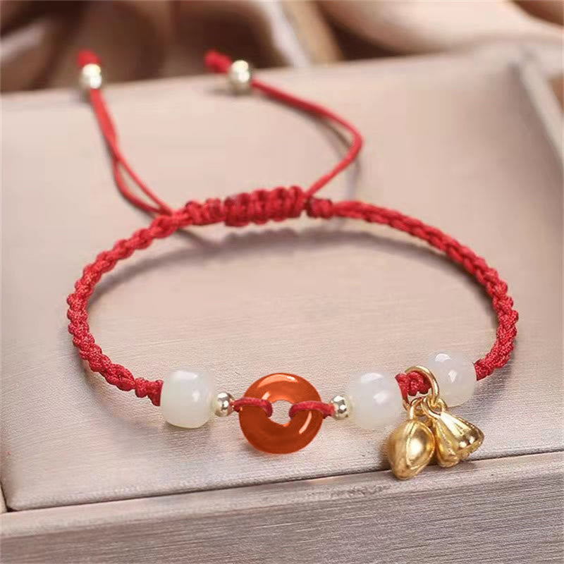 Geflochtenes Armband mit Peace-Schnalle aus rotem Achat und Jade, 14–18 cm