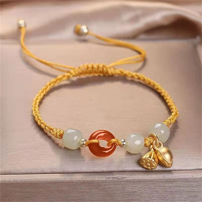 Geflochtenes Armband mit Peace-Schnalle aus rotem Achat und Jade, 14–18 cm