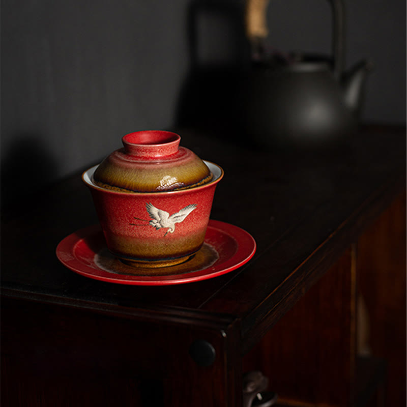 Roter glückverheißender Kranich Keramik Gaiwan Sancai Teetasse | Zen-Dekor