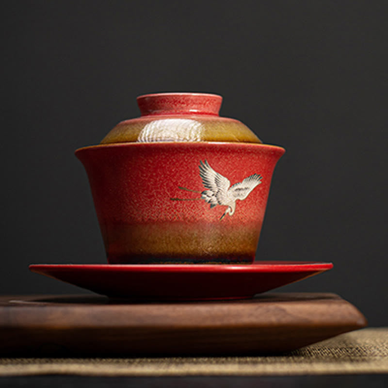 Roter glückverheißender Kranich Keramik Gaiwan Sancai Teetasse | Zen-Dekor