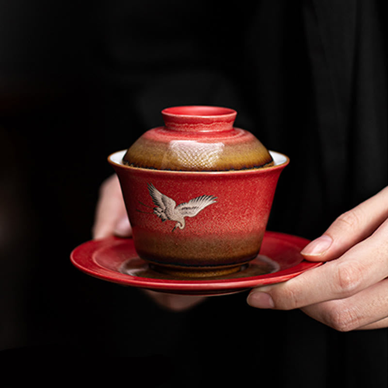 Roter glückverheißender Kranich Keramik Gaiwan Sancai Teetasse | Zen-Dekor