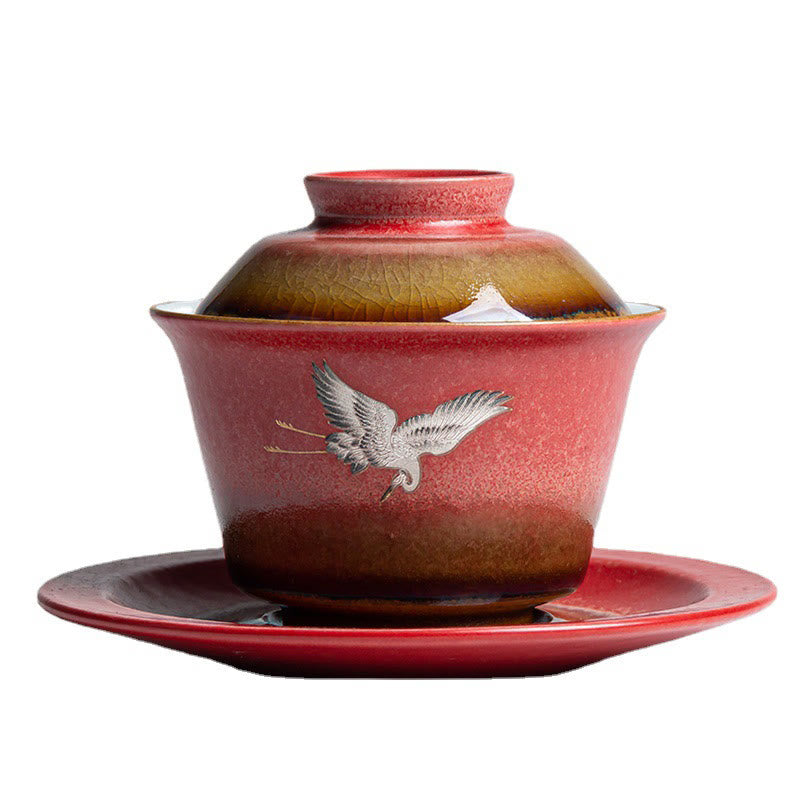 Roter glückverheißender Kranich Keramik Gaiwan Sancai Teetasse | Zen-Dekor