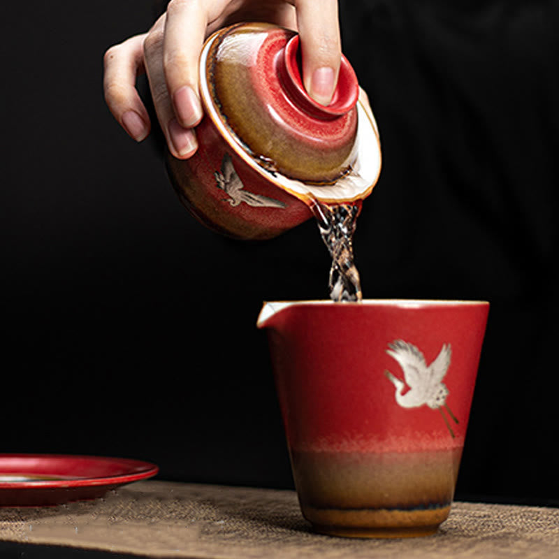 Roter glückverheißender Kranich Keramik Gaiwan Sancai Teetasse | Zen-Dekor