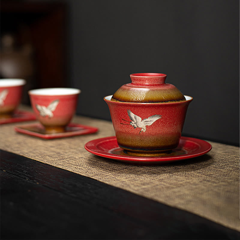 Roter glückverheißender Kranich Keramik Gaiwan Sancai Teetasse | Zen-Dekor