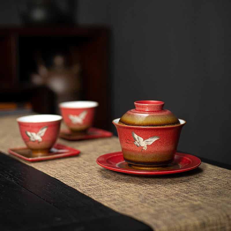 Roter glückverheißender Kranich Keramik Gaiwan Sancai Teetasse | Zen-Dekor