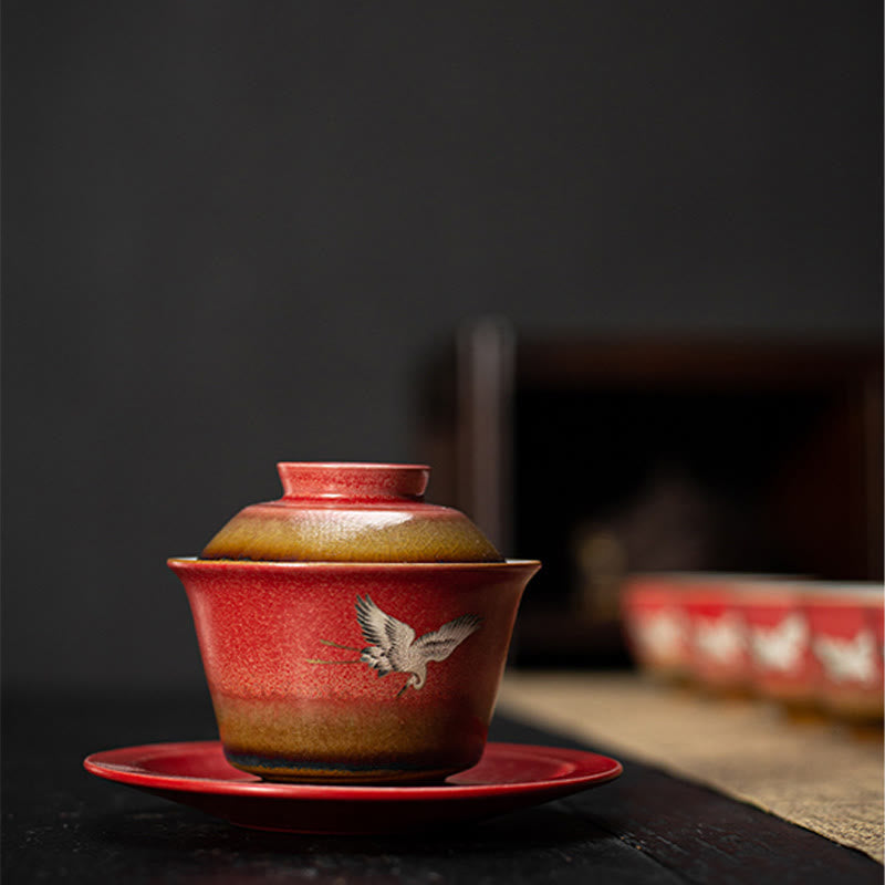 Roter glückverheißender Kranich Keramik Gaiwan Sancai Teetasse | Zen-Dekor