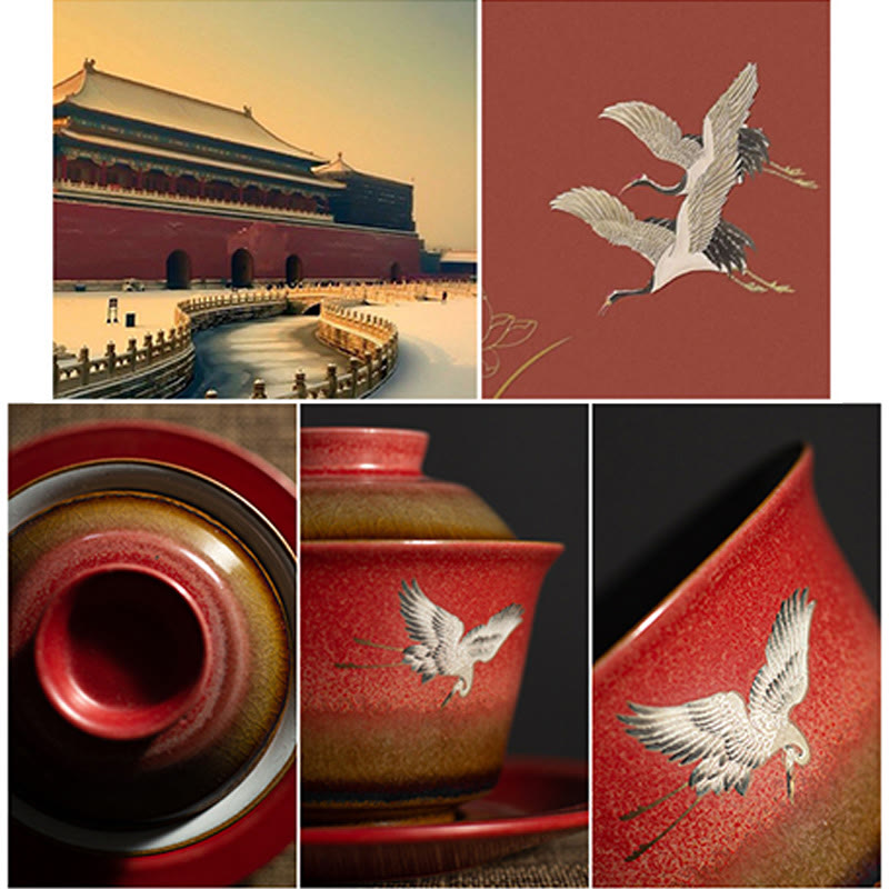 Roter glückverheißender Kranich Keramik Gaiwan Sancai Teetasse | Zen-Dekor