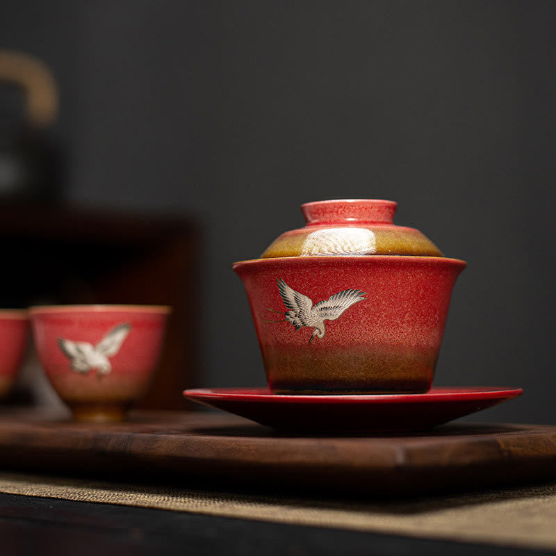 Roter glückverheißender Kranich Keramik Gaiwan Sancai Teetasse | Zen-Dekor