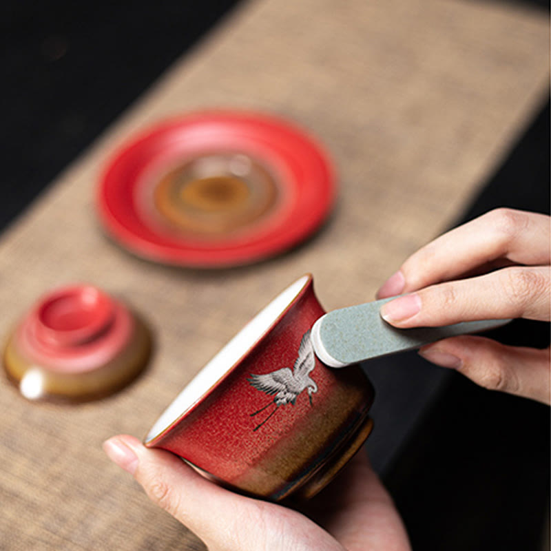 Roter glückverheißender Kranich Keramik Gaiwan Sancai Teetasse | Zen-Dekor