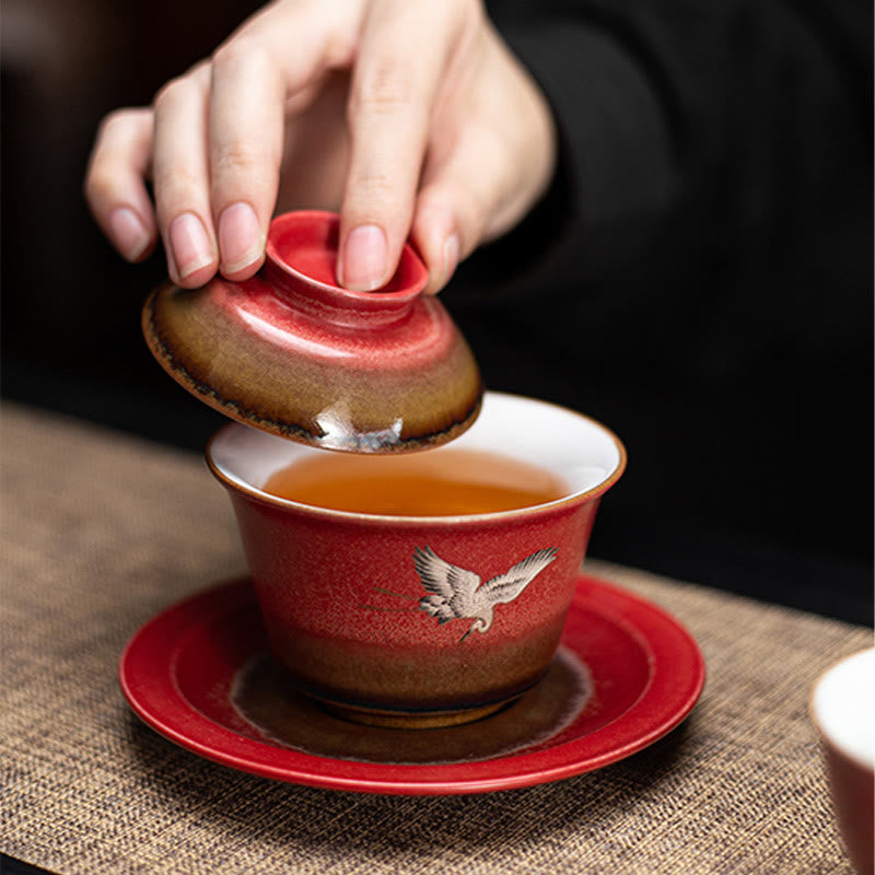 Roter glückverheißender Kranich Keramik Gaiwan Sancai Teetasse | Zen-Dekor
