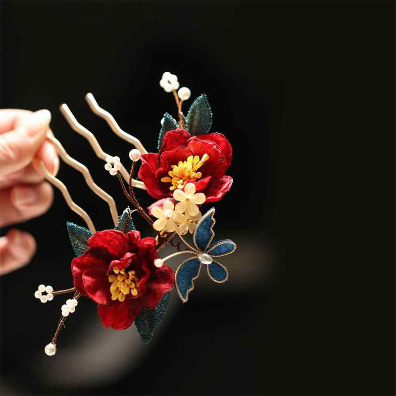Chinesische Haarnadel mit rotem Kamelien-Schmetterling für Transformation und Hoffnung