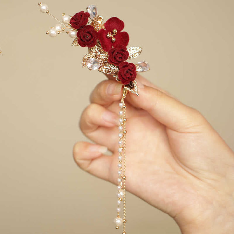Rote Kamelie Quaste Chinesische Haarspange | Retro Stil Haarnadel