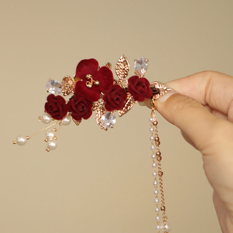 Rote Kamelie Quaste Chinesische Haarspange | Retro Stil Haarnadel