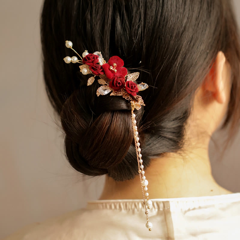Rote Kamelie Quaste Chinesische Haarspange | Retro Stil Haarnadel