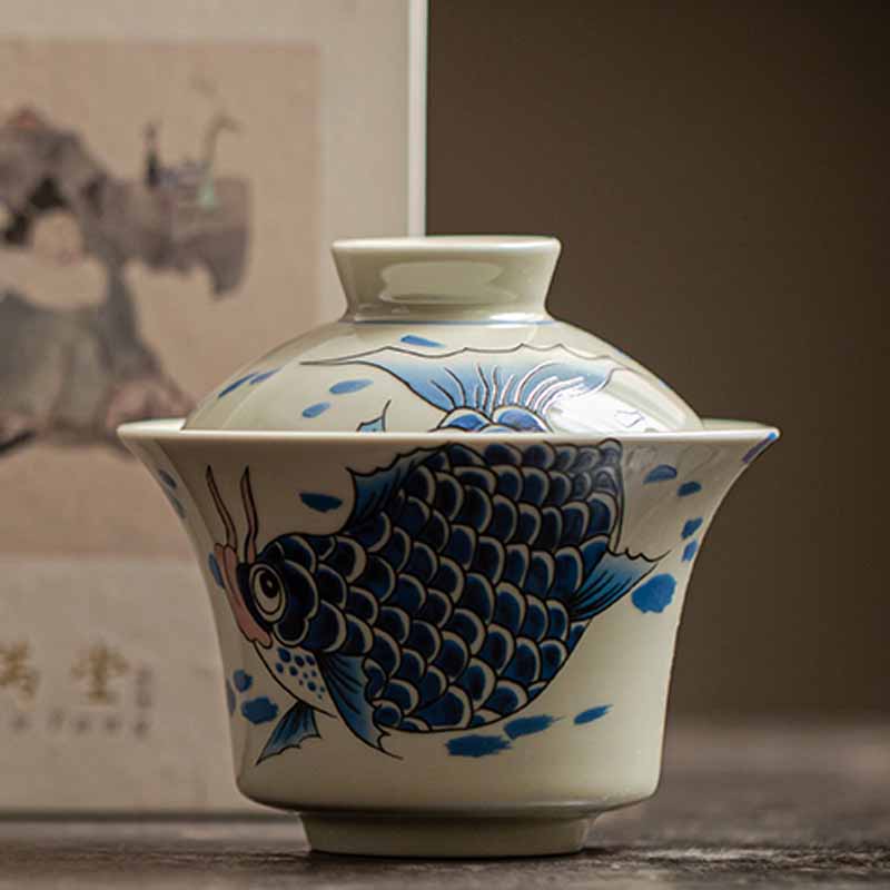 Rote Keramik-Gaiwan-Teetasse mit Koi-Fisch, 130 ml, für Teerituale
