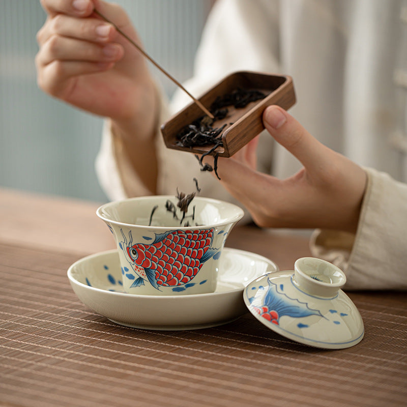 Rote Keramik-Gaiwan-Teetasse mit Koi-Fisch, 130 ml, für Teerituale