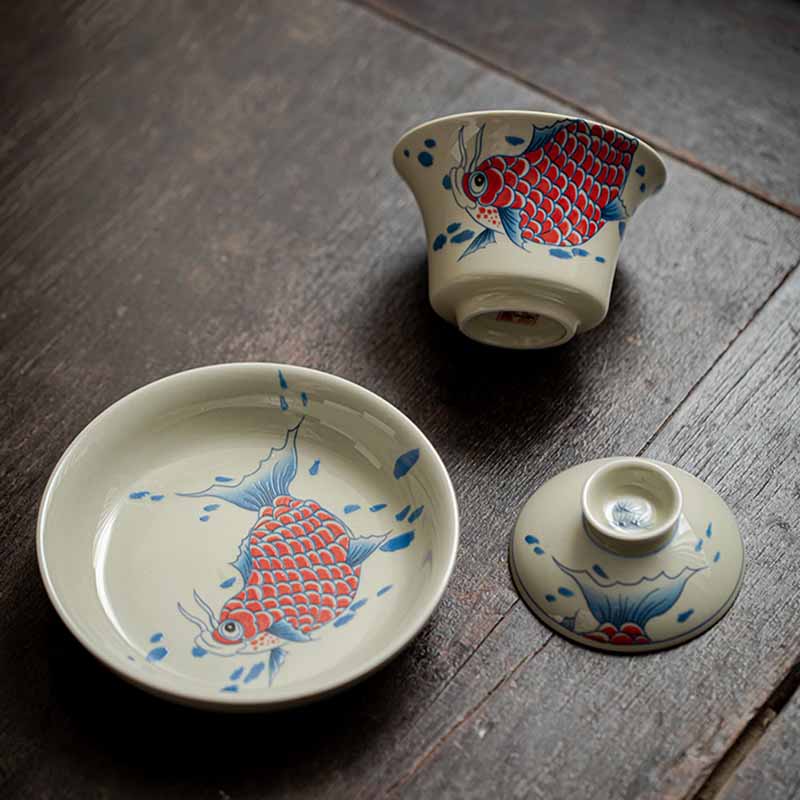 Rote Keramik-Gaiwan-Teetasse mit Koi-Fisch, 130 ml, für Teerituale